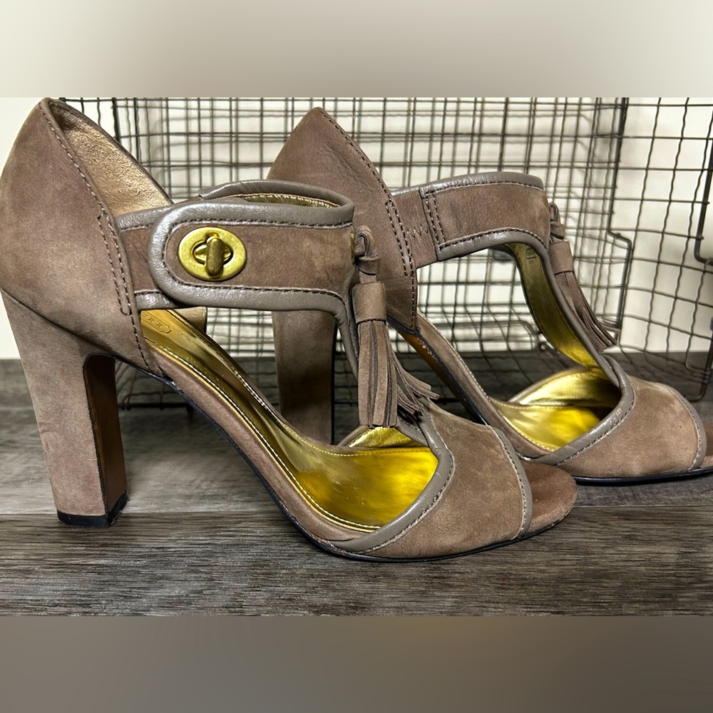 Coach Tristen Heeled Taupe Suede Sandals.  Size 9B.